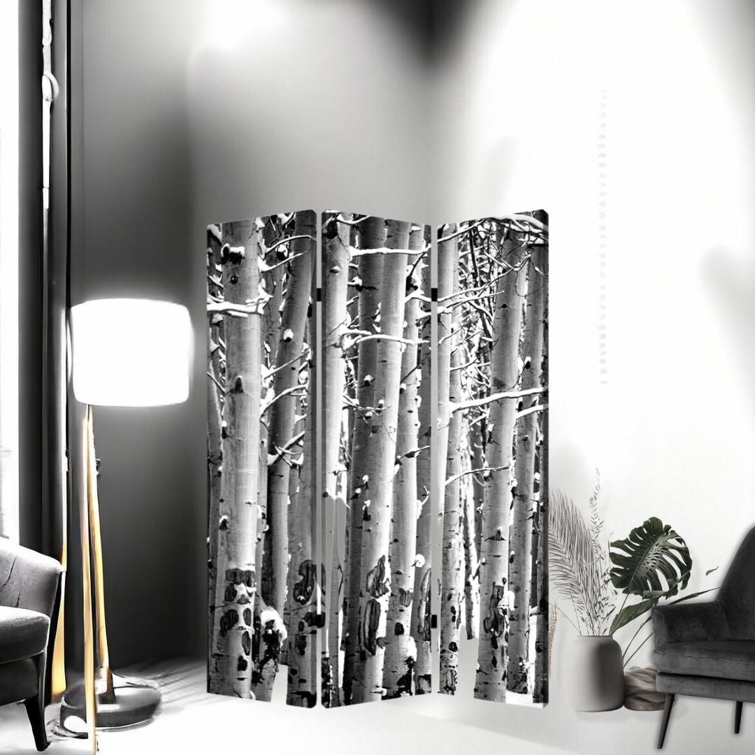 48" X 72" Gray And White Wood Canvas Birch Screen