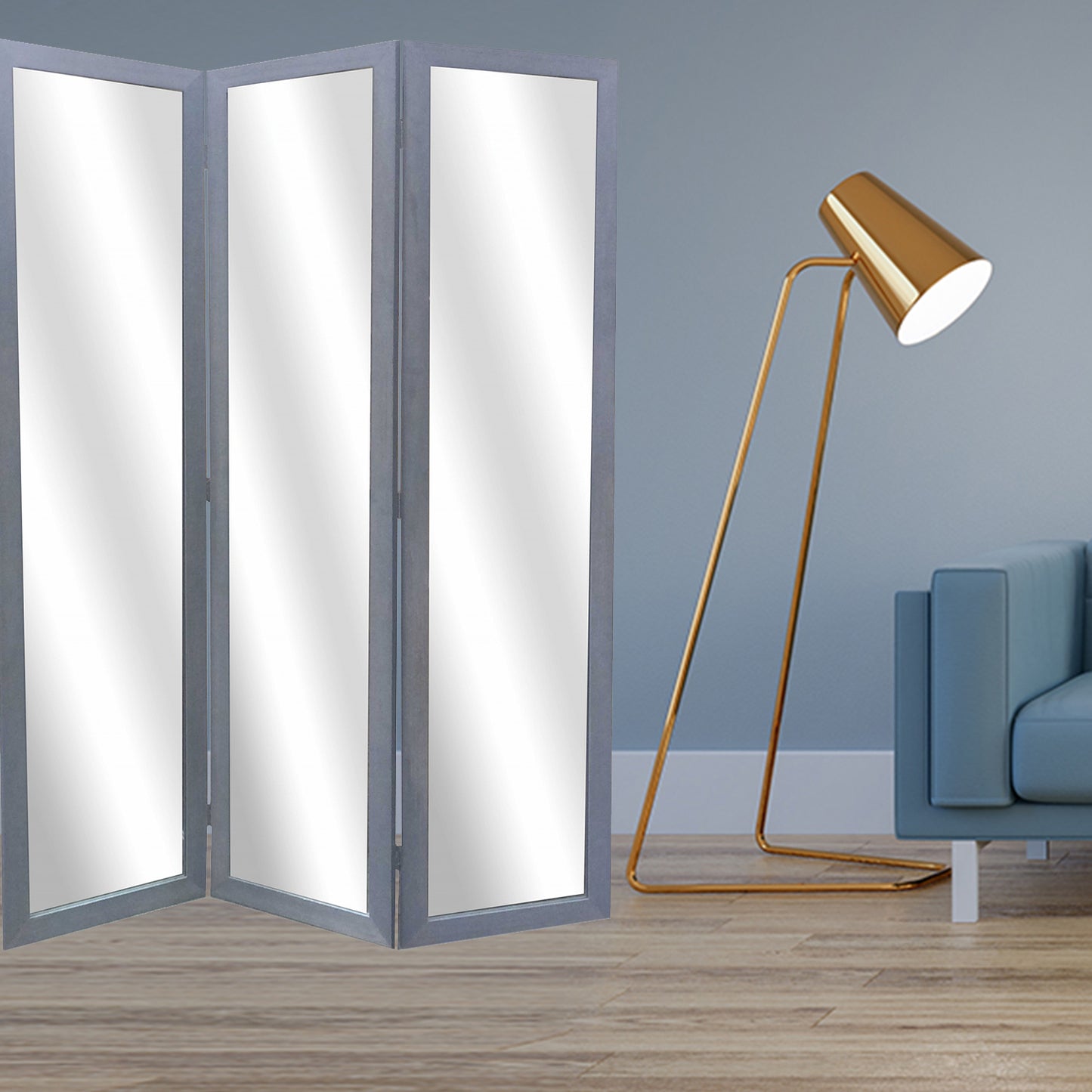 50 X 69 Gray Glass & Wood Mirror Screen