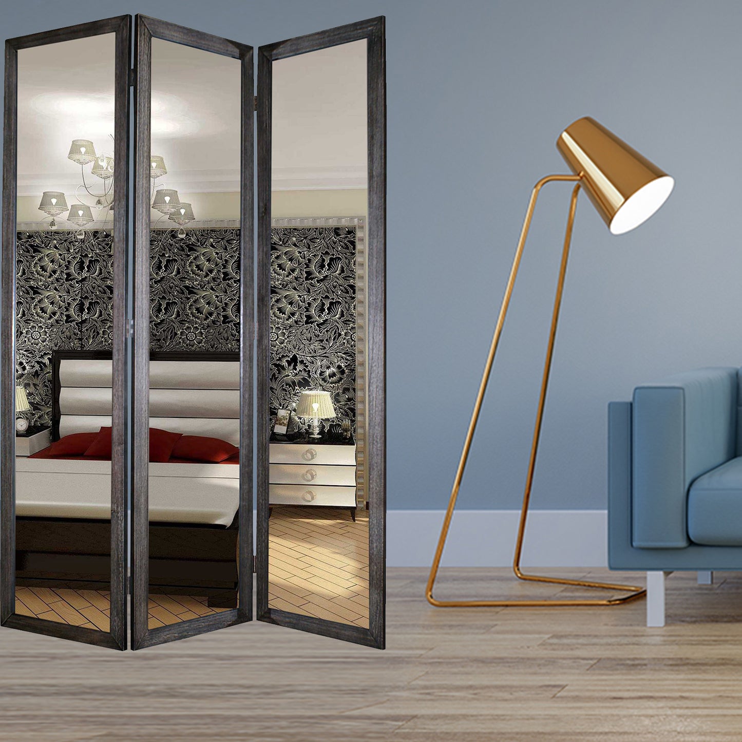 50 X 69 Black Glass & Wood Mirror Screen