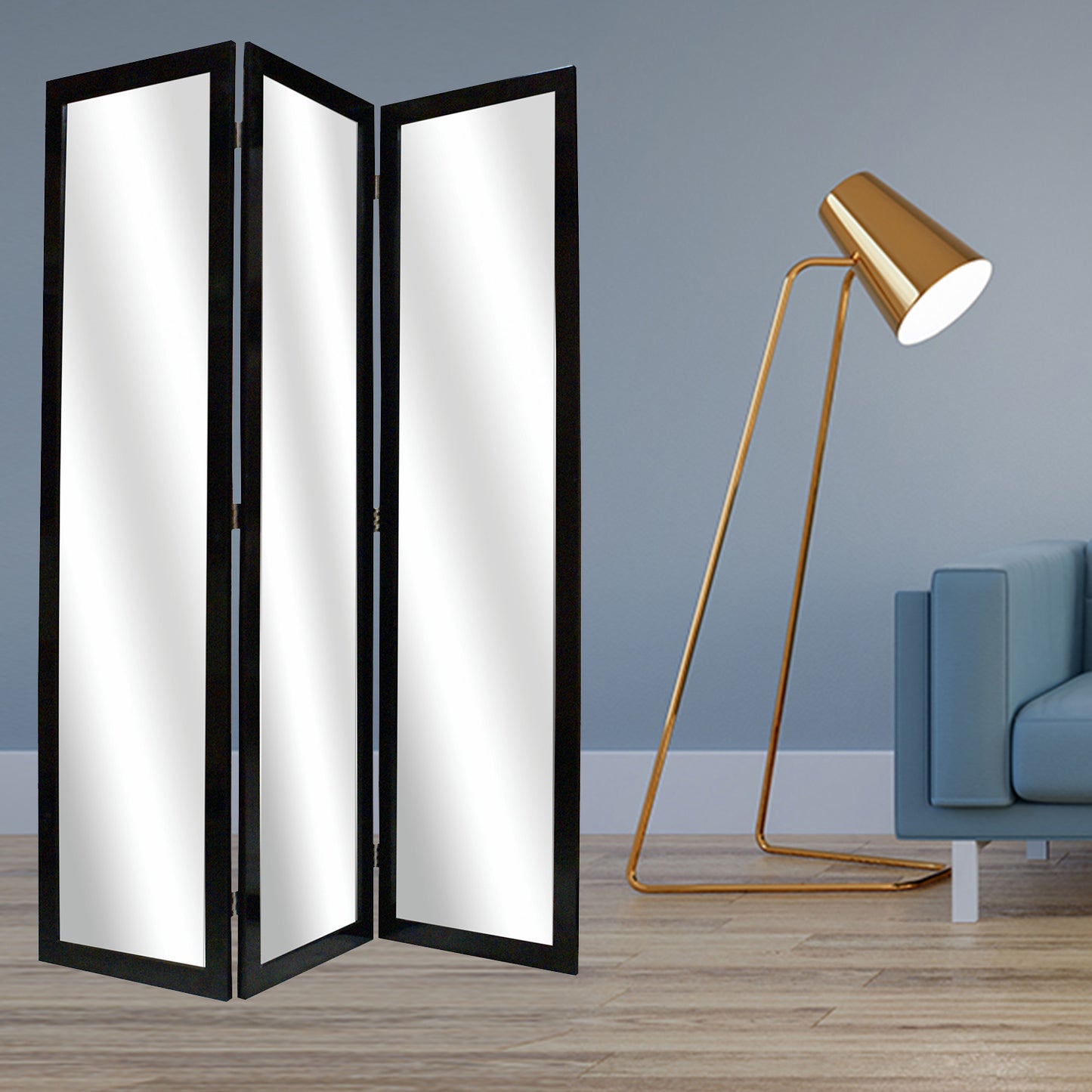 50 X 69 Black Glass & Wood Mirror Screen