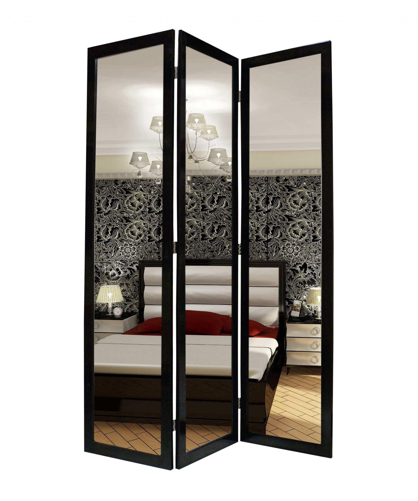 50 X 69 Black Glass & Wood Mirror Screen