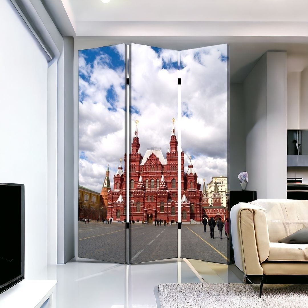 48" X 72" Red Blue and White Wood Canvas Russia Screen