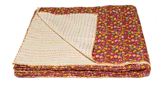 50" X 70" Maroon Kantha Cotton Throw Blanket