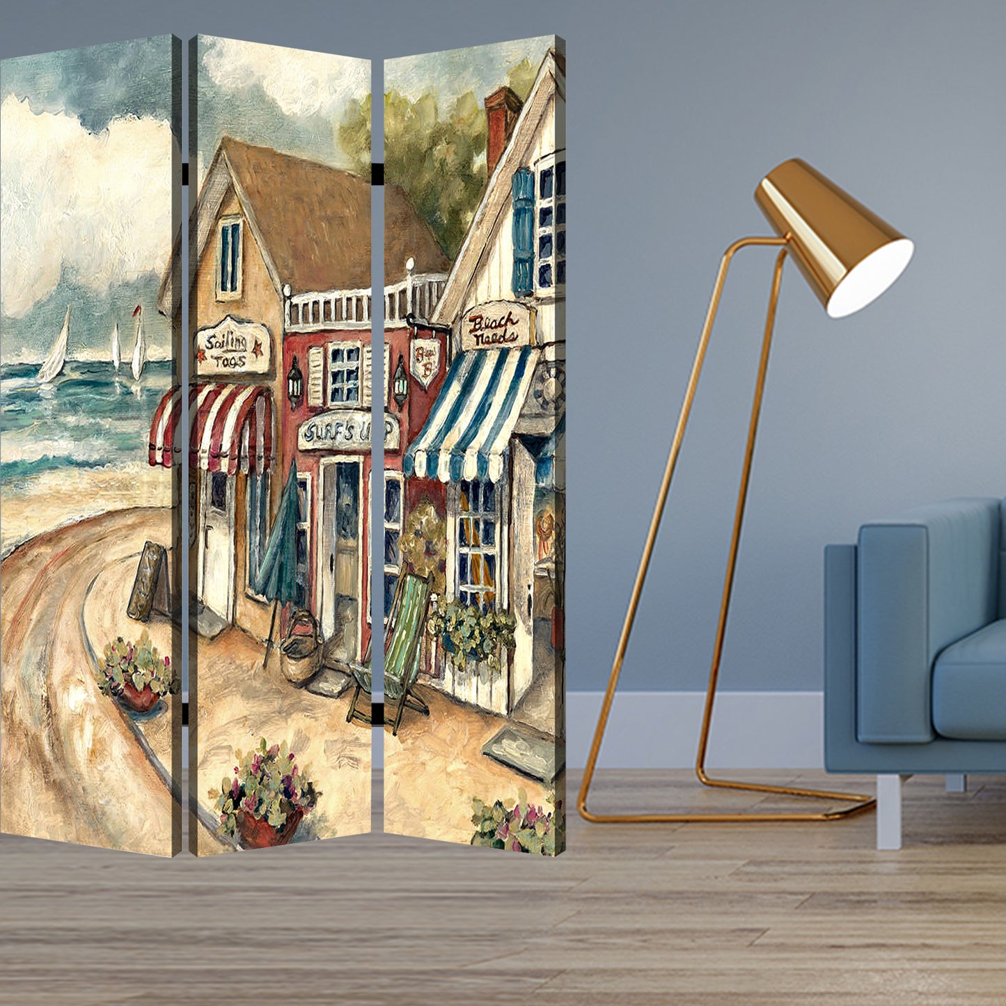 48 X 72 Multi Color Wood Canvas Seaside Town Slate Screen
