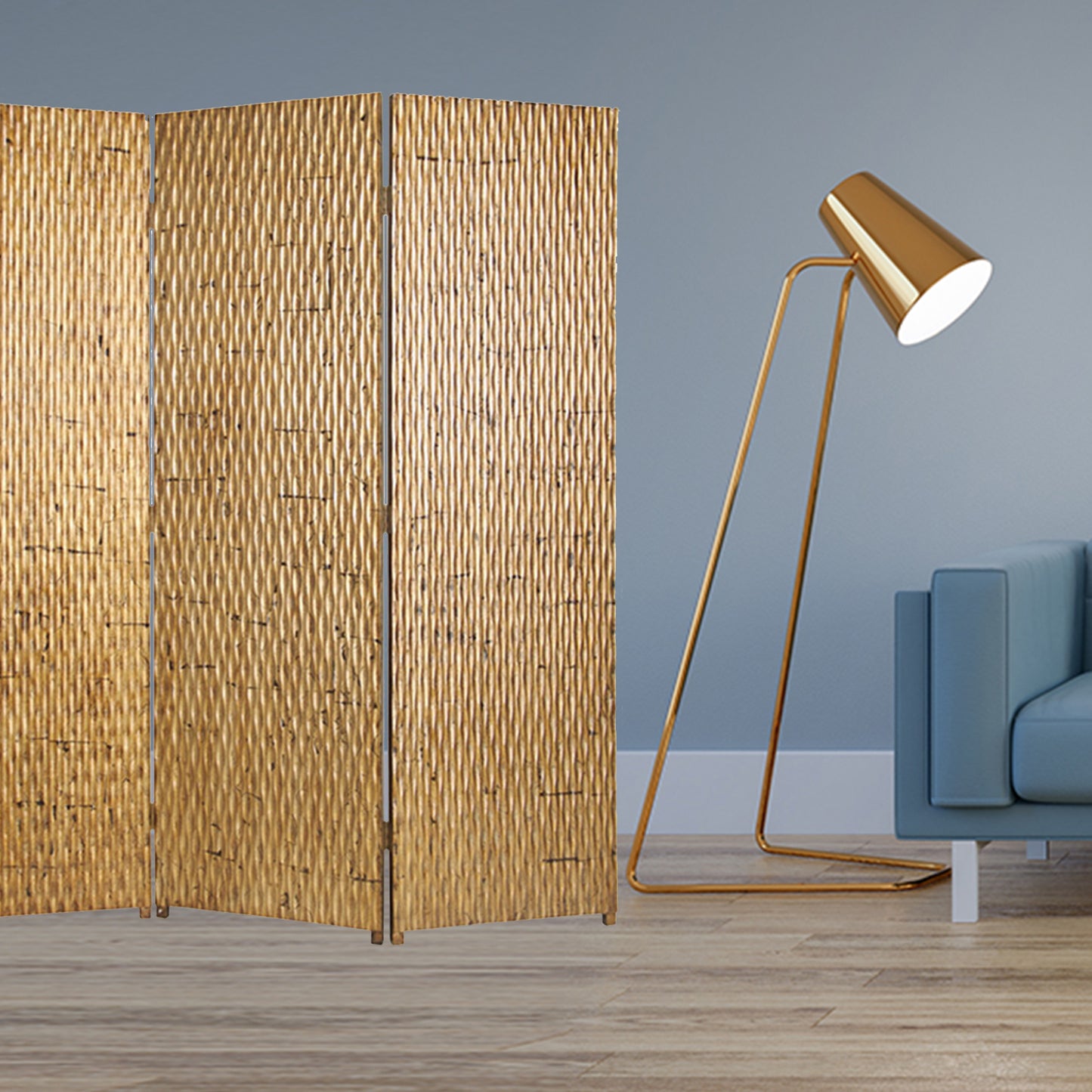 63" X 72" Gold Wood 3 Panel Screen