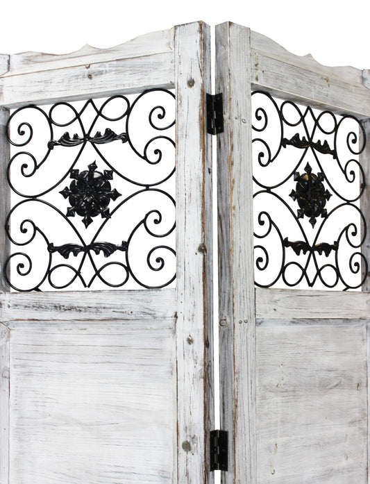 Gray Wash 4 Panel With Scroll Work Room Divider Screen