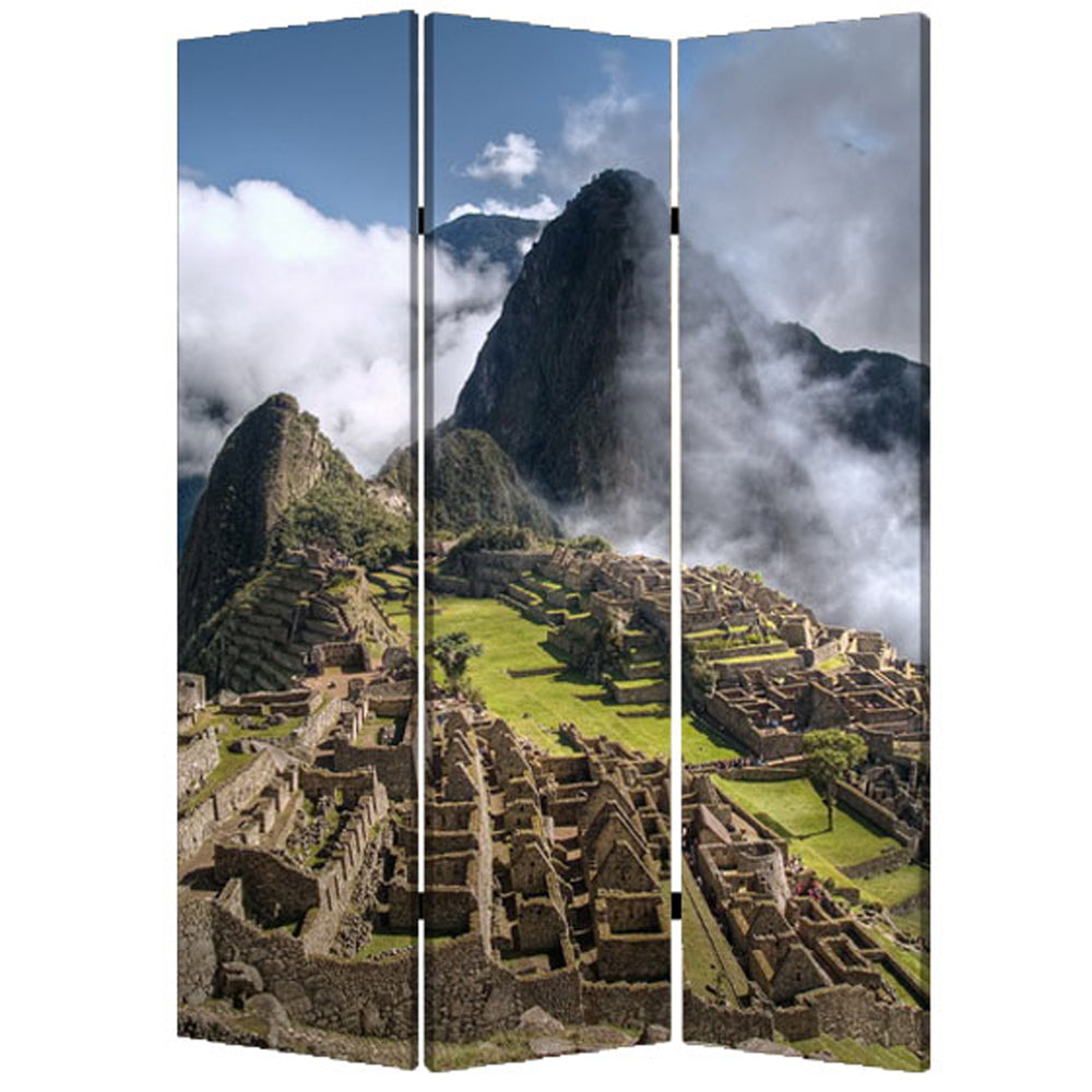 48" X 72" Multi Color Wood Canvas Machu Picchu Screen