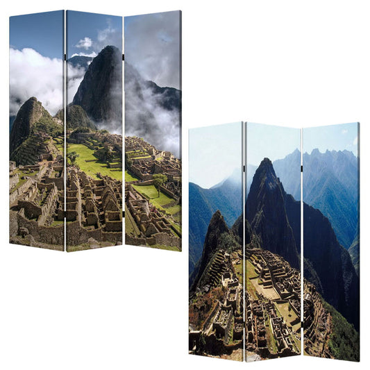 48" X 72" Multi Color Wood Canvas Machu Picchu Screen
