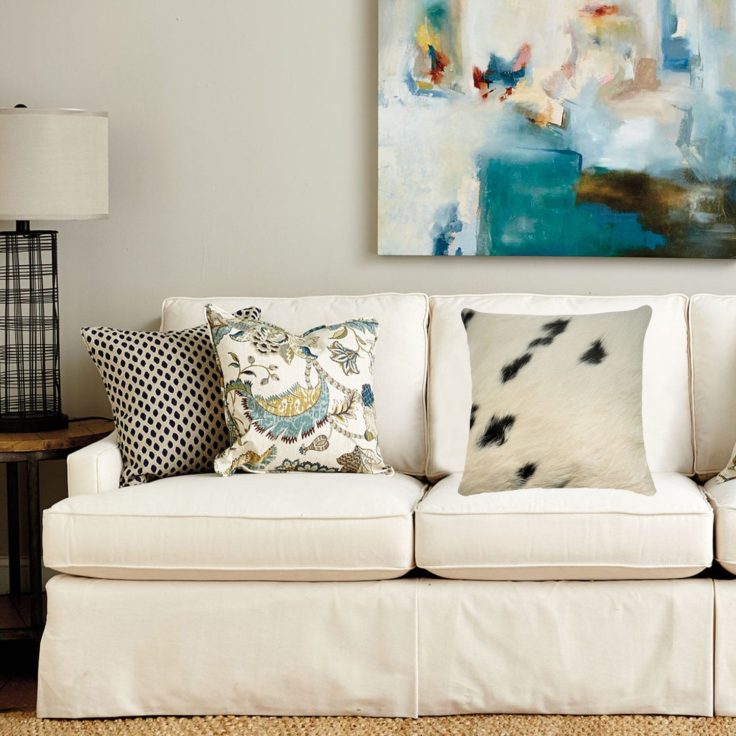 18" X 18" X 5" White And Black Cowhide Pillow