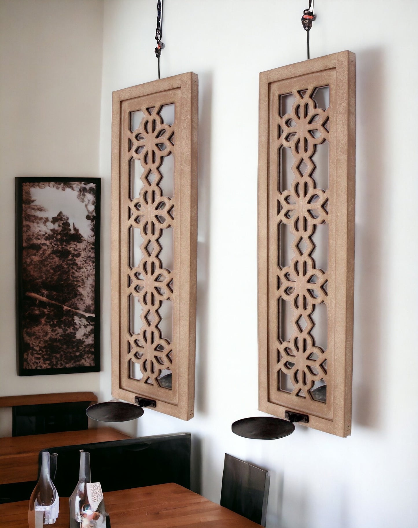 Set of Two Tan Lattice Wall Sconce Candle Holders