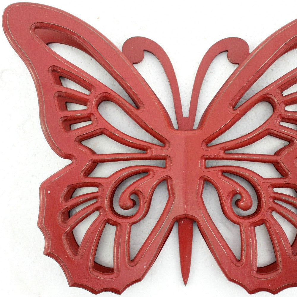 23" X 19" X 4" Red Rustic Butterfly Wooden Wall Decor