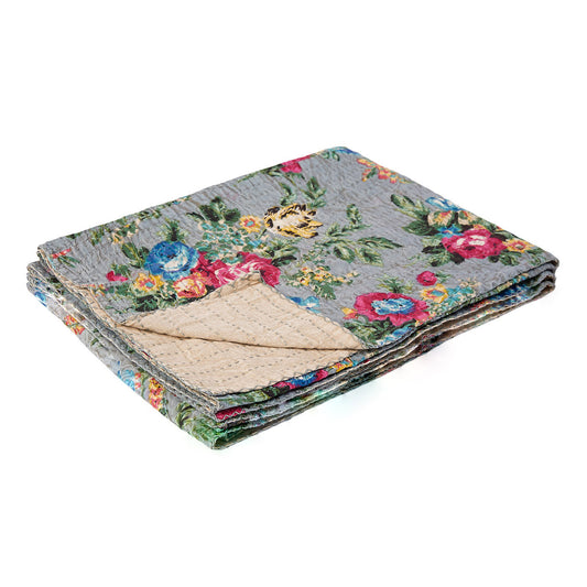 50" x 70" Gray and Blue Kantha Cotton Floral Throw Blanket