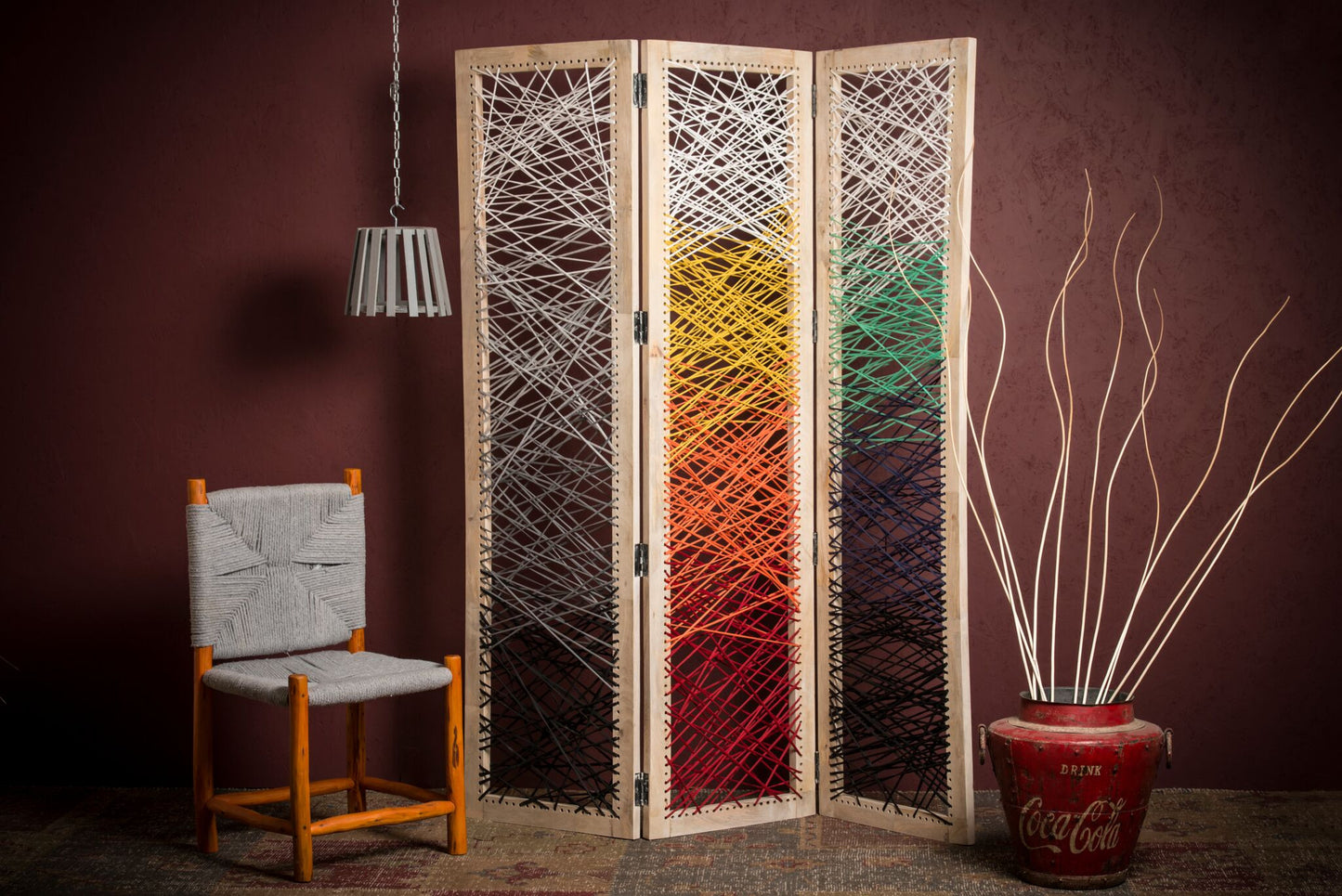 61 X 1.5 X 72 Multicolor Fabric And Wood Crisscross Screen