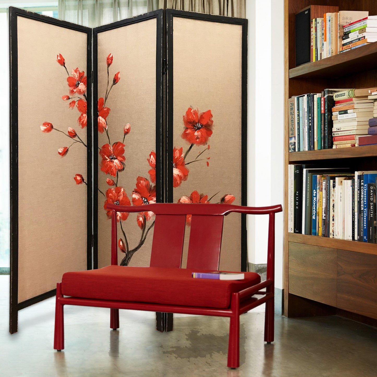 60 X 1 X 63 Brown Fabric And Wood Blooming 3 Panel Screen