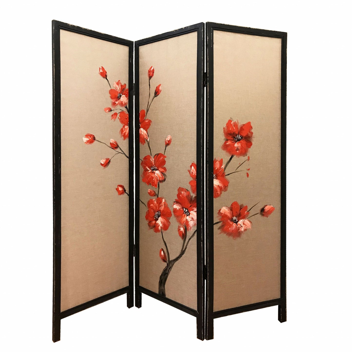 60 X 1 X 63 Brown Fabric And Wood Blooming 3 Panel Screen