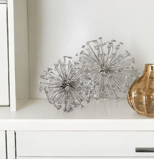 6.5" X 6.5" X 6.5" Silver Starburst Spheres Set Of 2