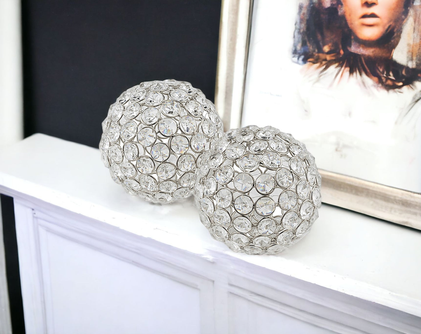 4" X 4" X 4" Silver Iron & Cristal Spheres Set Of 2