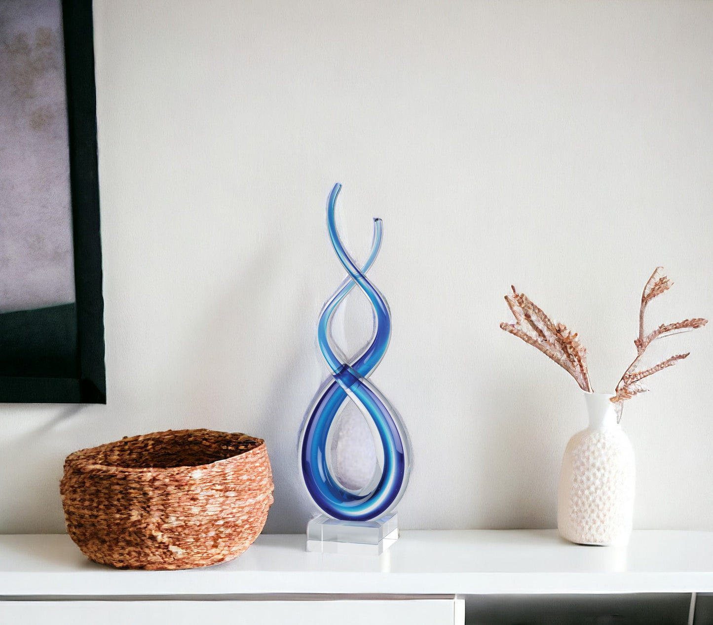 14" Clear and Blue Glass Modern Abstract Tabletop Sculpture