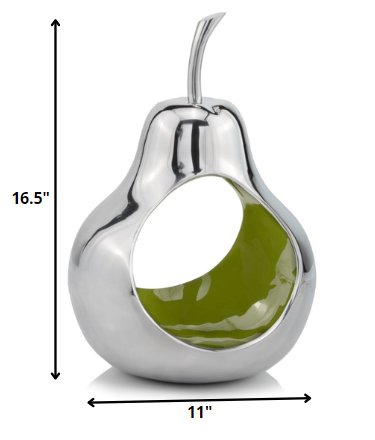 Pear Shaped Aliminum Cast Decorative Accent Bowl In Green Intrior