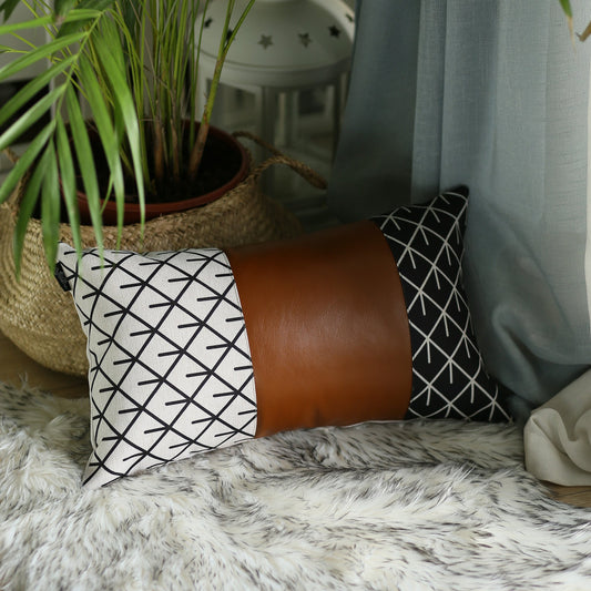 Reverse Black And White And Brown Faux Leather Lumbar Pillow Cover