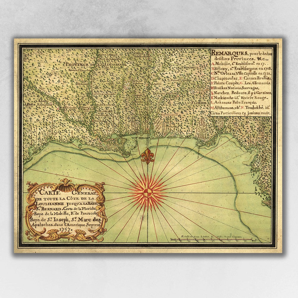 20" X 24" C1747 Map Of The Gulf Coast Vintage Poster Wall Art