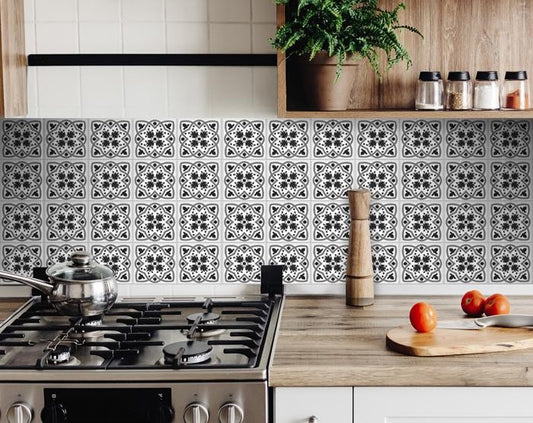 7" X 7" Charcoal And White Scroll Peel And Stick Removable Tiles