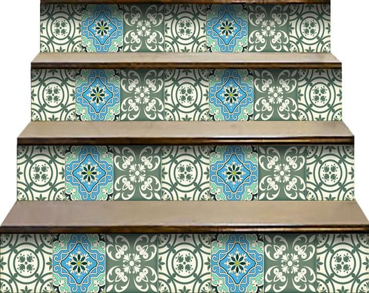 8" X 8" Sage And Aqua Floral Peel And Stick Removable Tiles