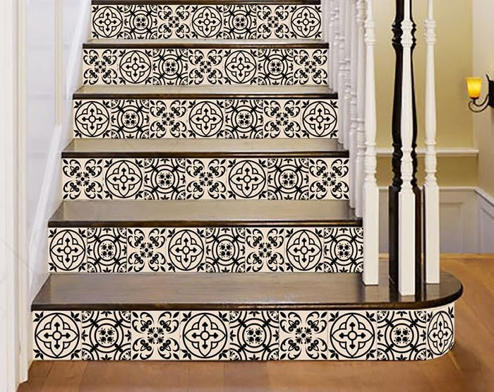 7" X 7" Cream And Black Mosaic Peel And Stick Removable Tiles