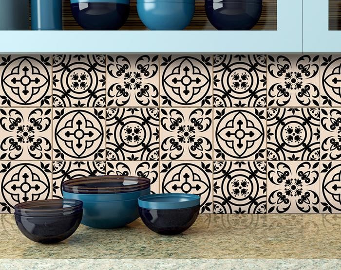 7" X 7" Cream And Black Mosaic Peel And Stick Removable Tiles