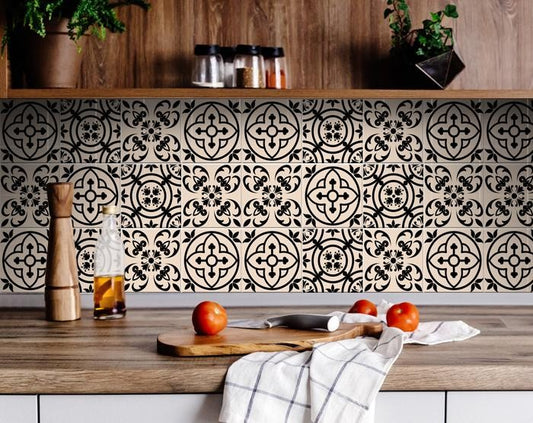 7" X 7" Cream And Black Mosaic Peel And Stick Removable Tiles