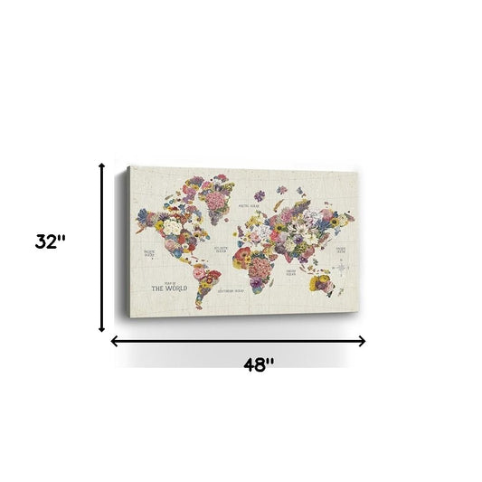 48" x 32" Fun Floral Map of the World Canvas Wall Art