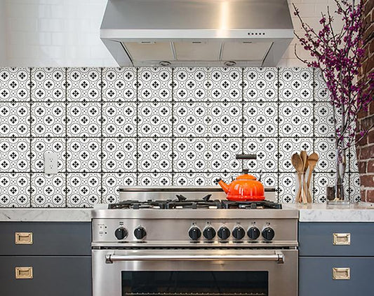 4" X 4" Black and White Rosa Peel and Stick Removable Tiles