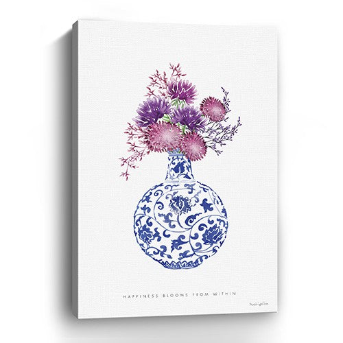 48" x 32" Blue and White Happiness Floral Vase Canvas Wall Art