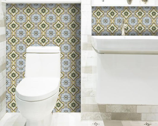 8" X 8" Taupe and Blue Scroll Peel and Stick Tiles