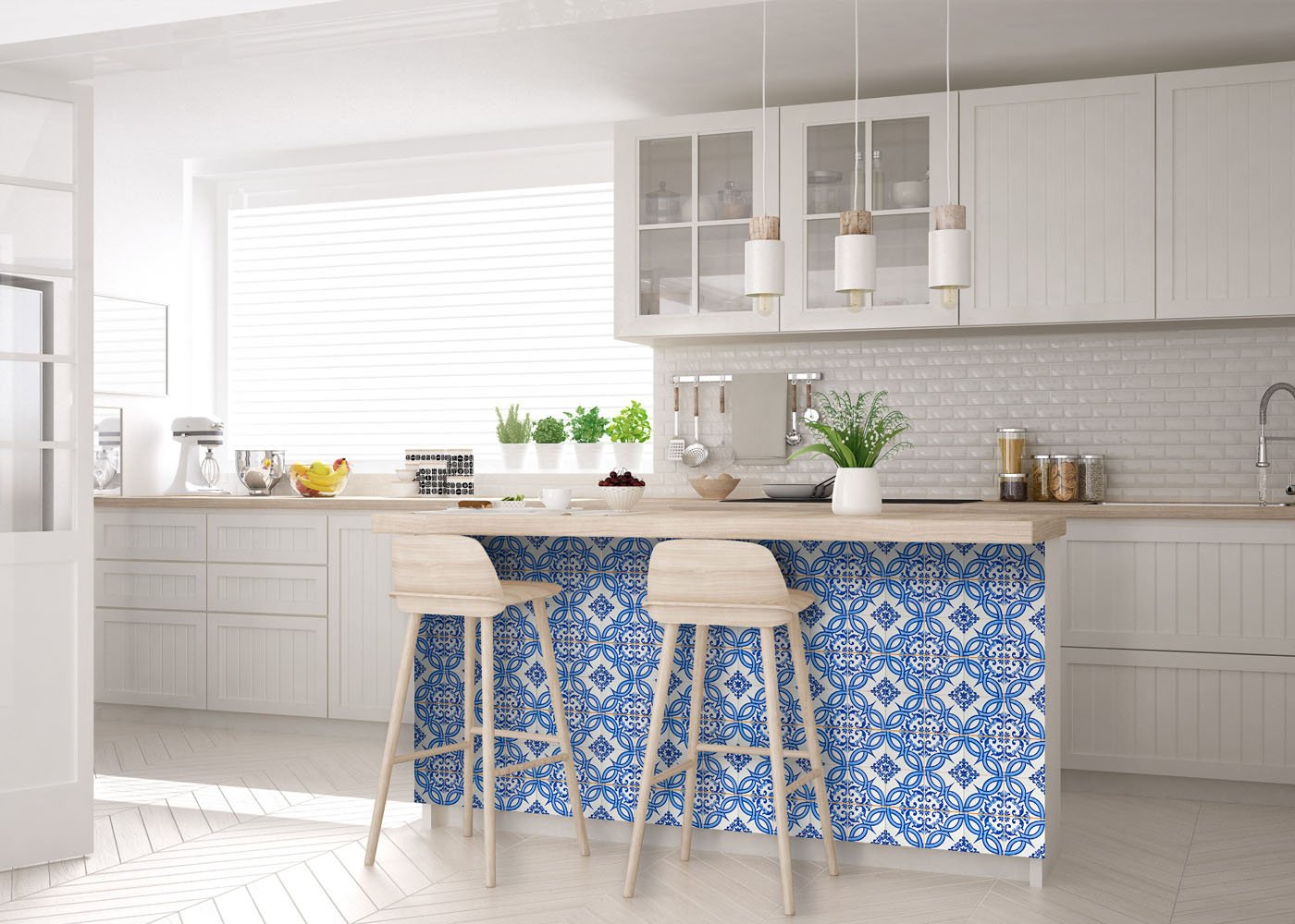 7" X 7" Blue and White Valencia Peel And Stick Tiles