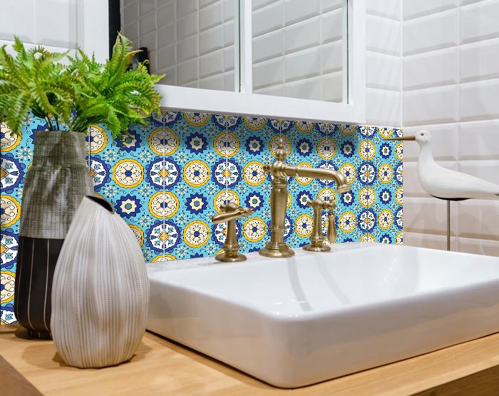 8" X 8" Aqua Floral Peel and Stick Removable Tiles