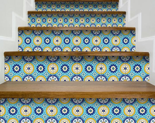 8" X 8" Aqua Floral Peel and Stick Removable Tiles