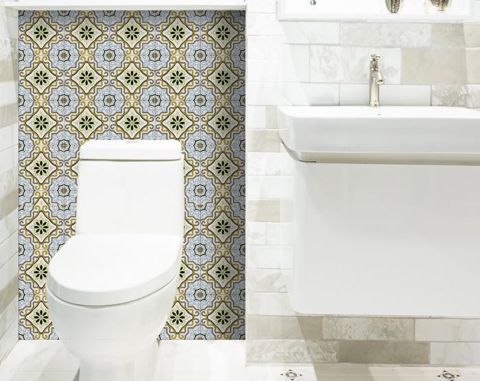 4" X 4" Taupe and Blue Scroll Peel and Stick Tiles