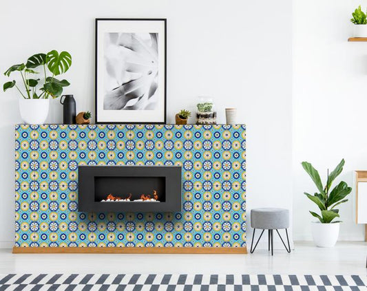7" X 7" Aqua Floral Peel and Stick Removable Tiles