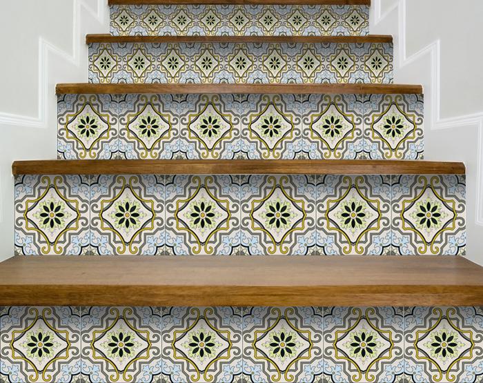 6" X 6" Taupe and Blue Scroll Peel and Stick Tiles