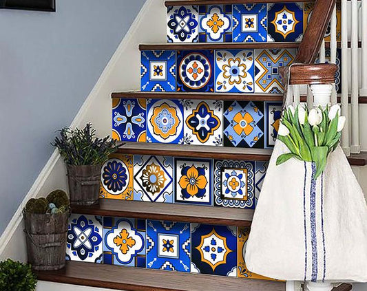 4" x 4" Shades of Blue and Yellow Mosaic Peel and Stick Removable Tiles