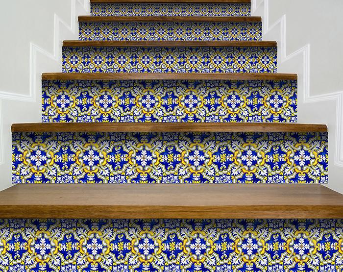 7" X 7" Blue and Yellow Links Peel And Stick Tiles