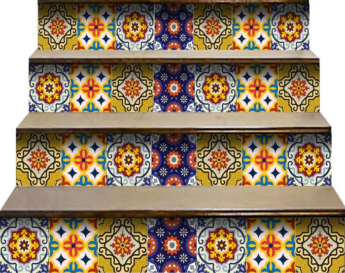 7" X 7" Blue And Yellow Mosaic Peel And Stick Removable Tiles
