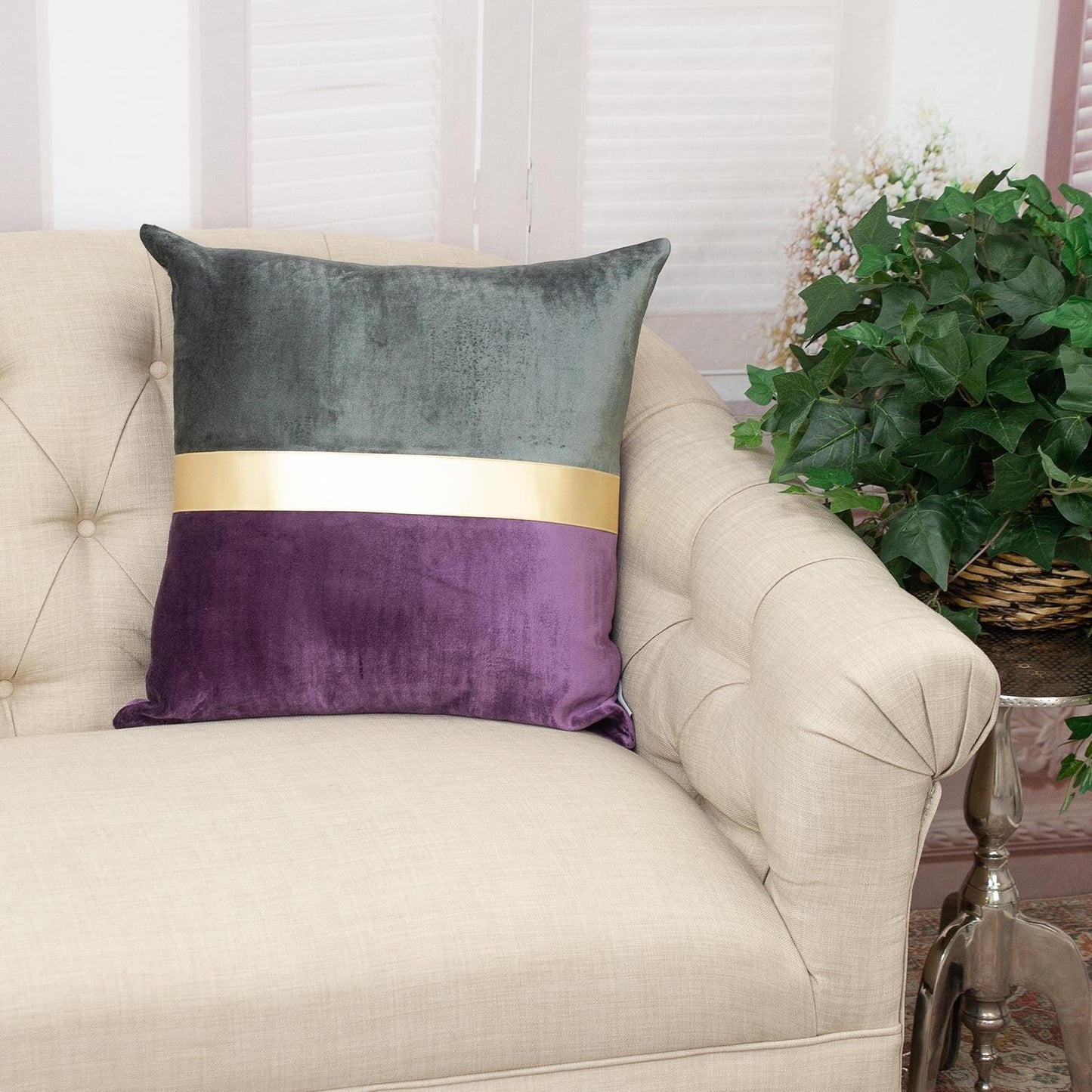 Dark Grey Gold and Purple Tufted Velvet Square Pillow