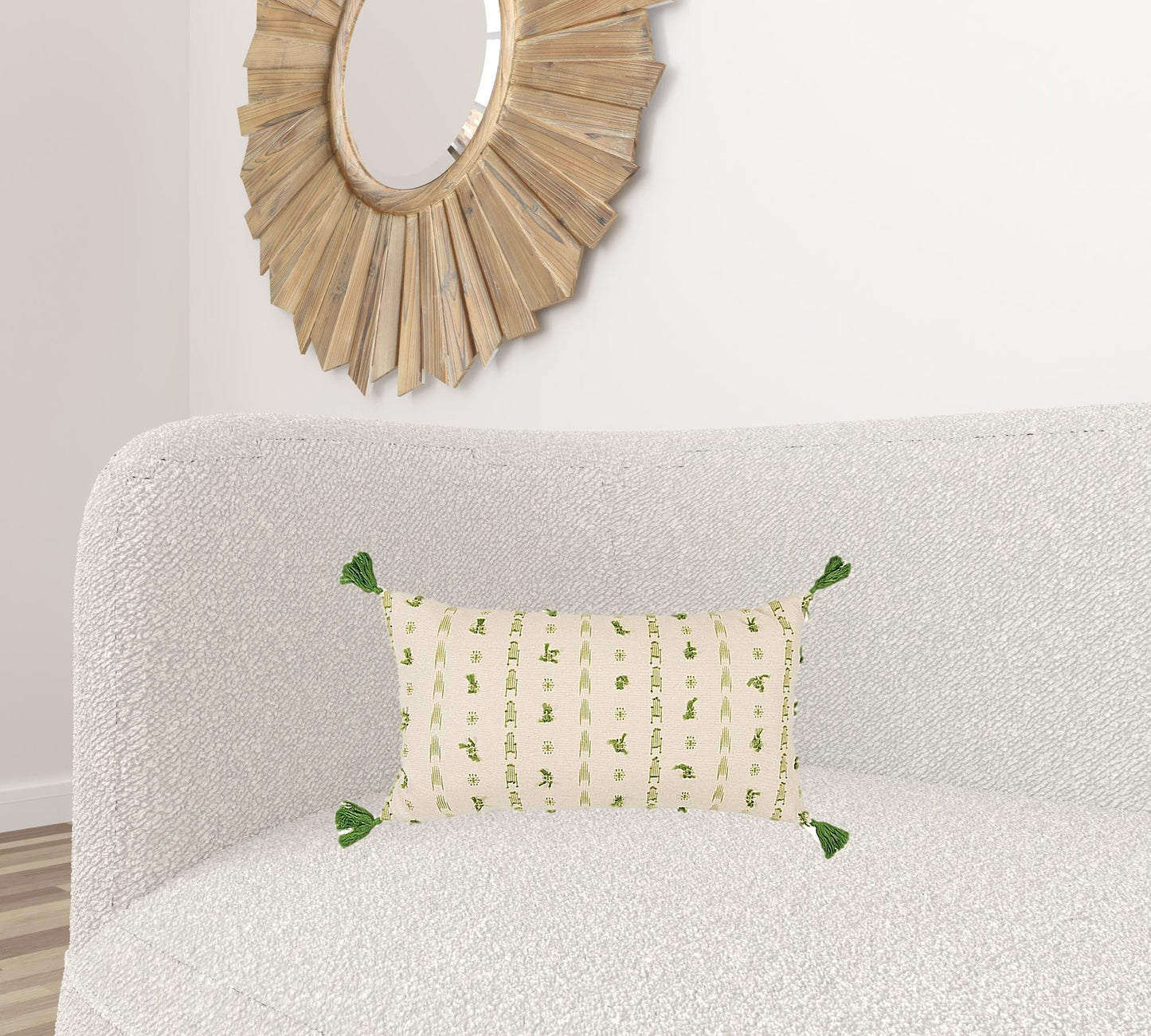 Green Beige Tribal Inspired Tasseled Lumbar Pillow