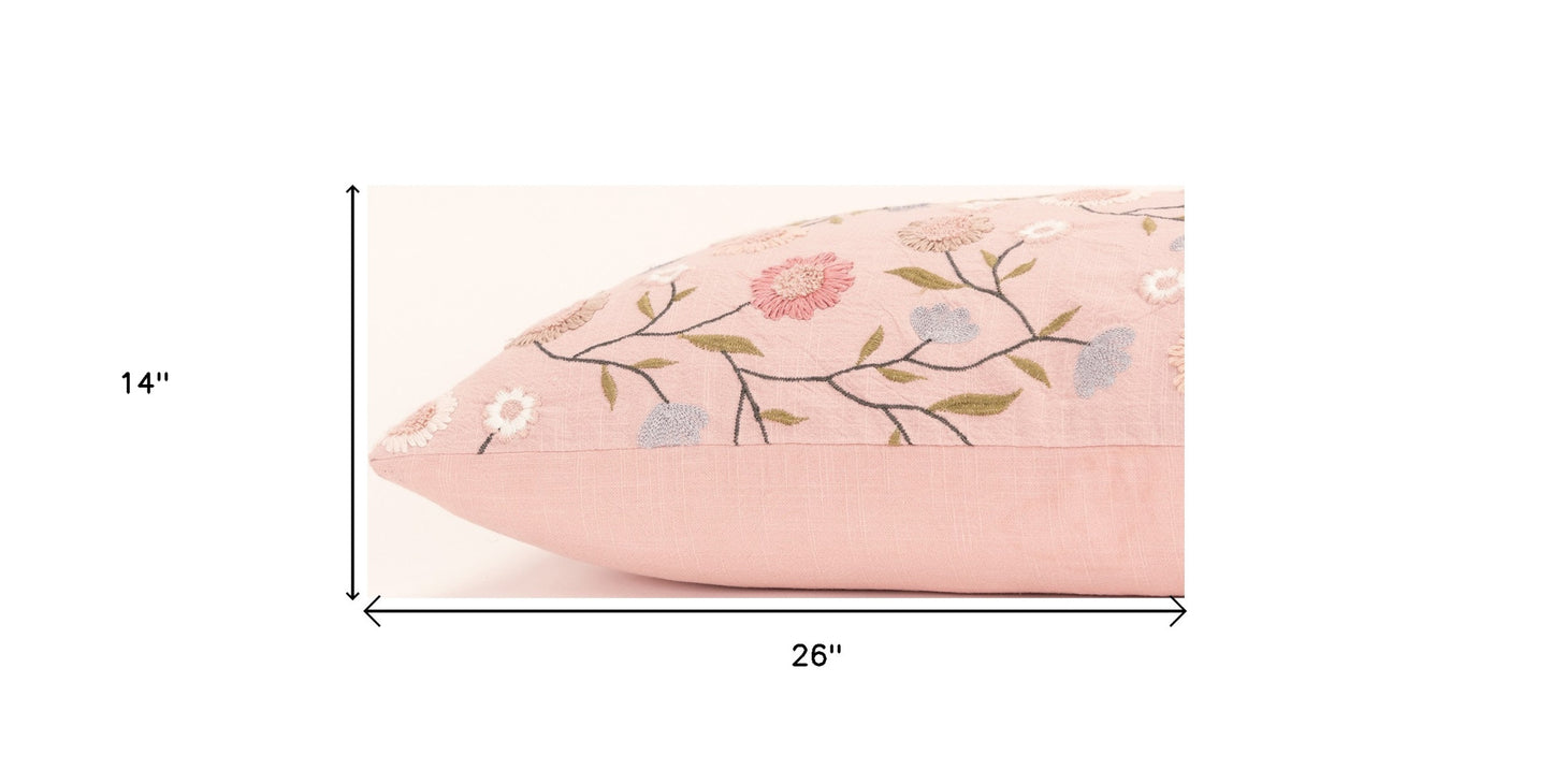 Blush Floral Embroidered Lumbar Pillow