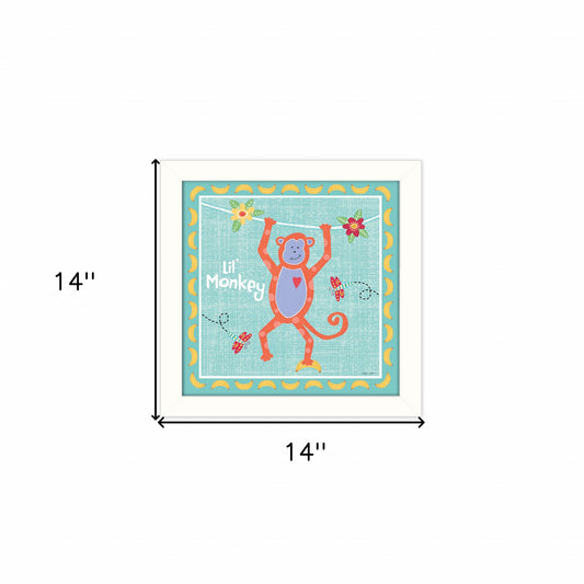 Aqua Blue Baby Monkey White Framed Print Wall Art