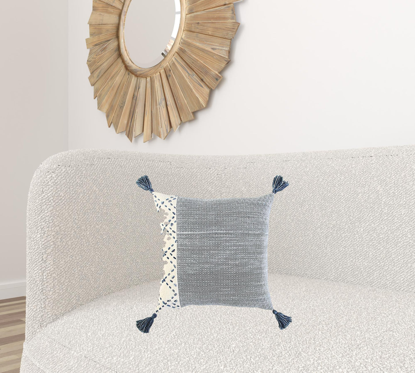 Ivory Blue Accent Stitch Color Block Throw Pillow