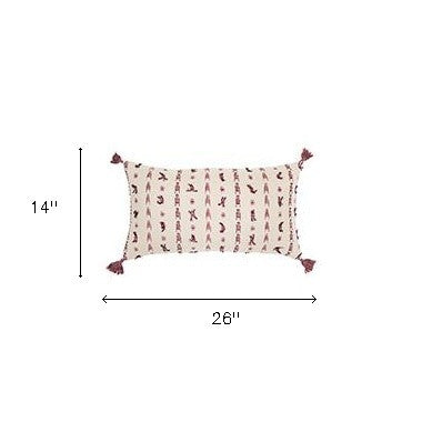 Magenta Beige Tribal Inspired Tasseled Lumbar Pillow
