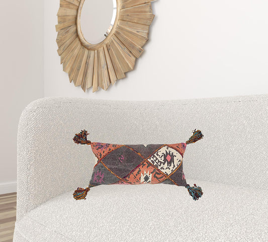 Peach Gray Tribal Corner Tasseled Lumbar Pillow